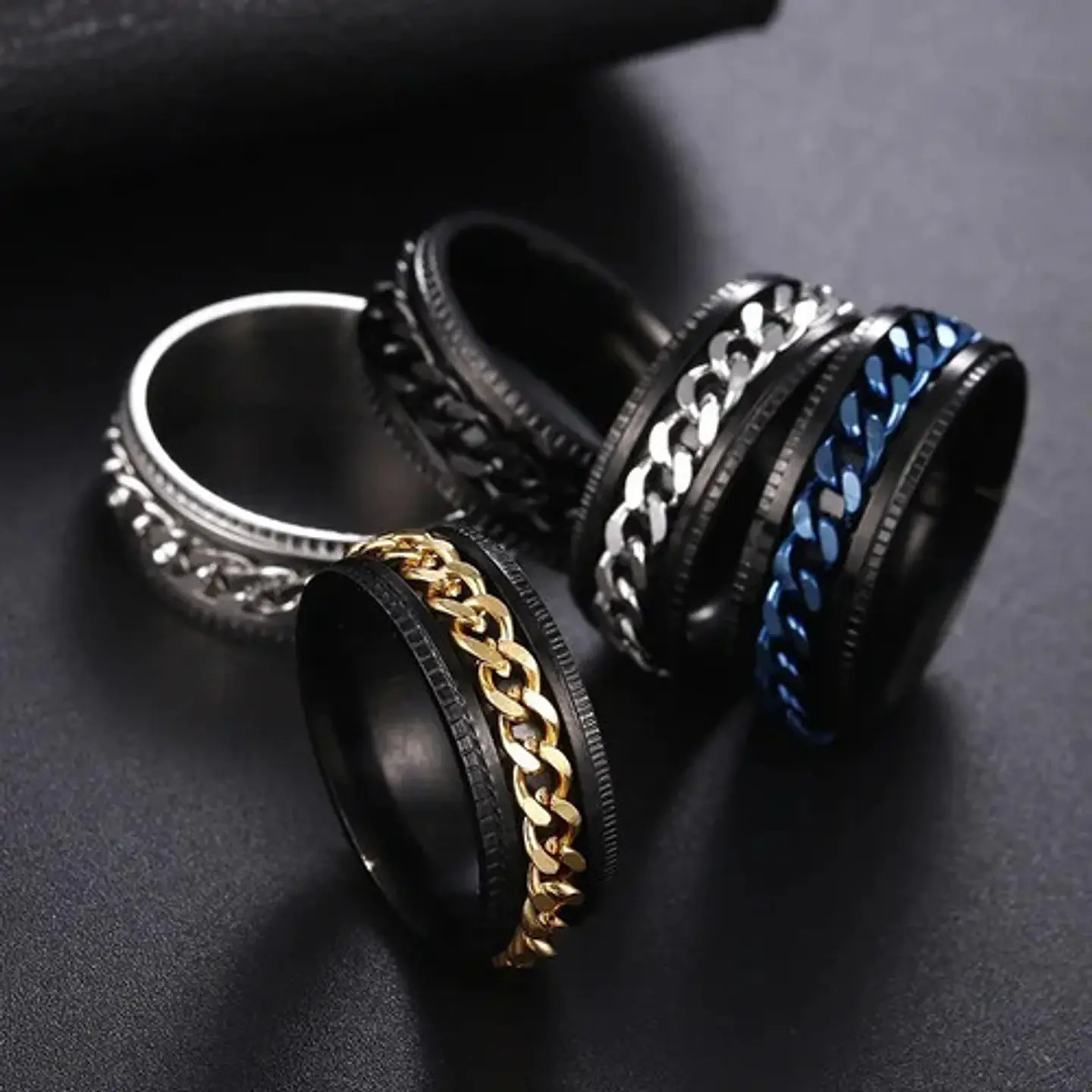 Anillo Argolla Cadena Color Negro Suerte Titanio Hombre Moda 6