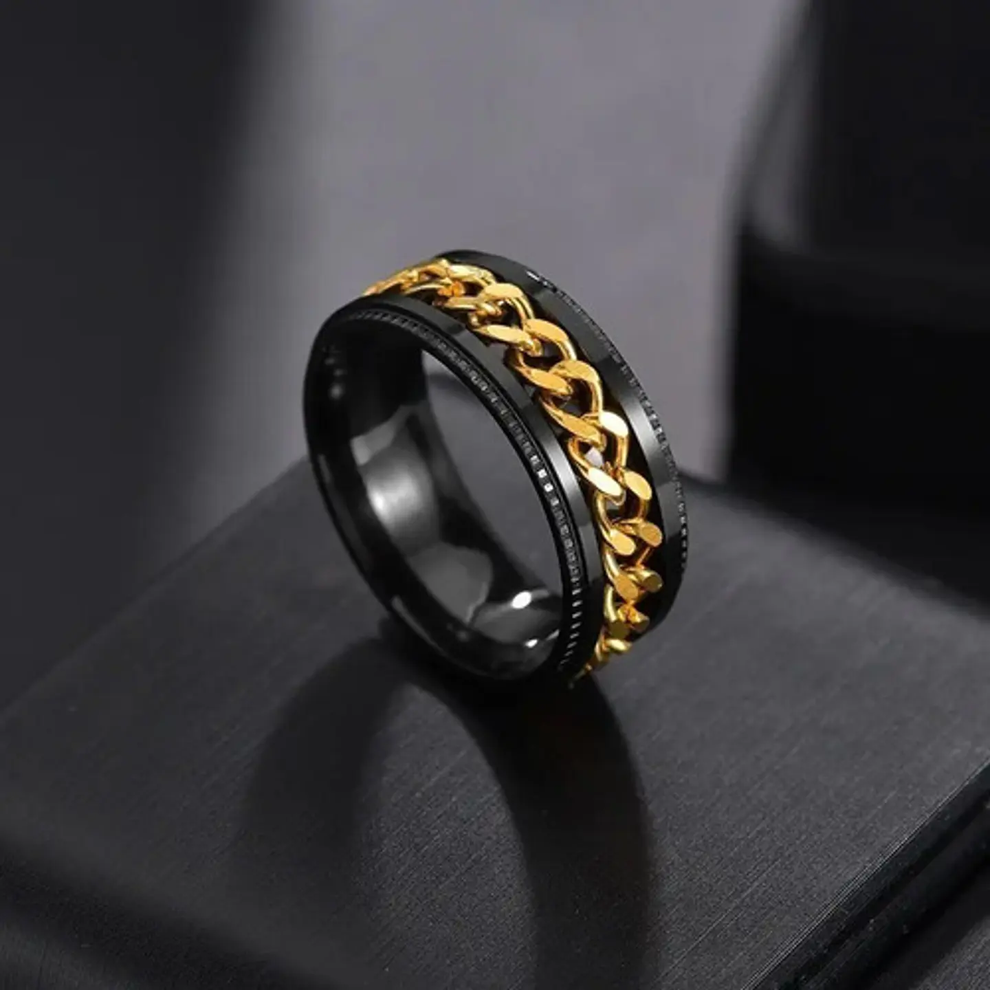 Anillo Argolla Cadena Color Negro Suerte Titanio Hombre Moda 10