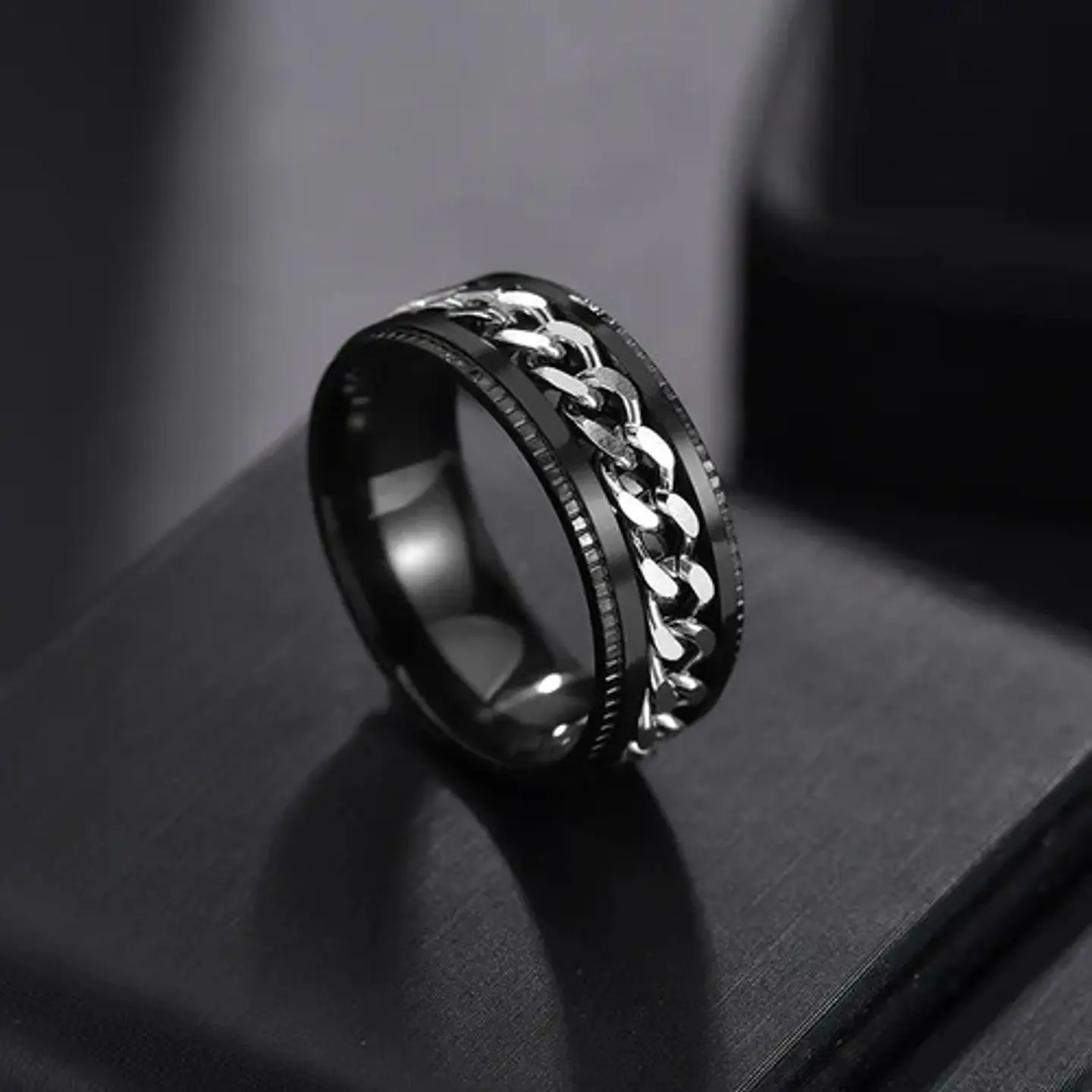 Anillo Argolla Cadena Color Negro Suerte Titanio Hombre Moda 11