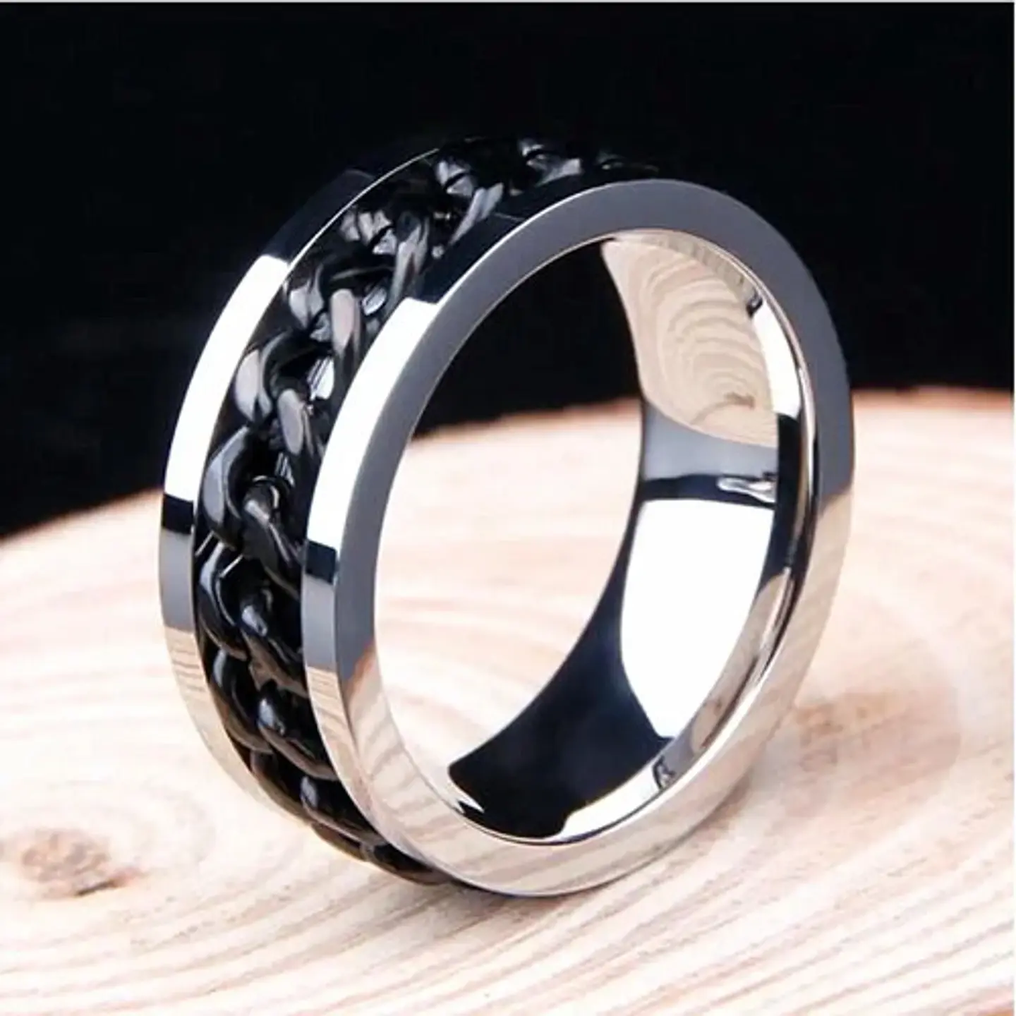 Anillo Argolla Cadena Color Negro Suerte Titanio Hombre Moda 15