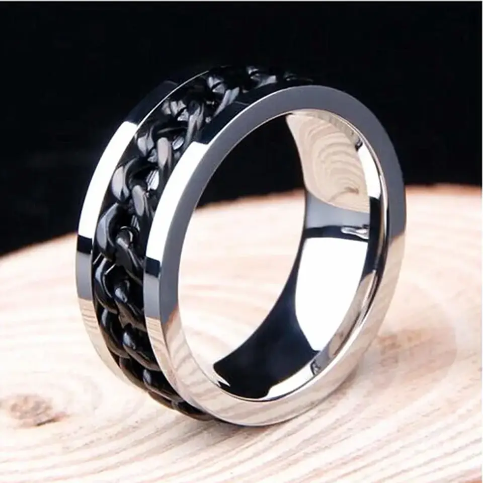 Anillo Argolla Cadena Color Negro Suerte Titanio Hombre Moda 15
