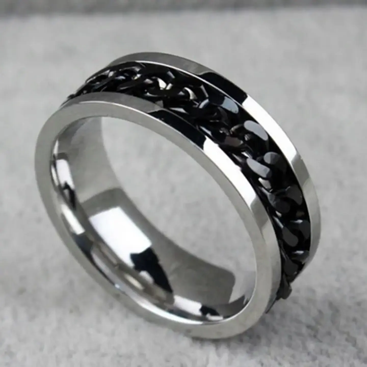 Anillo Argolla Cadena Color Negro Suerte Titanio Hombre Moda 16