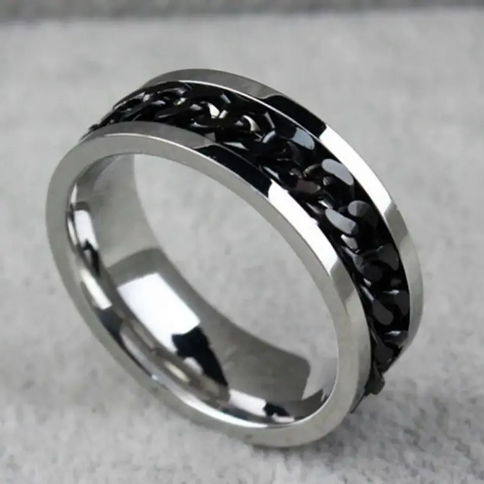 Anillo Argolla Cadena Color Negro Suerte Titanio Hombre Moda 16