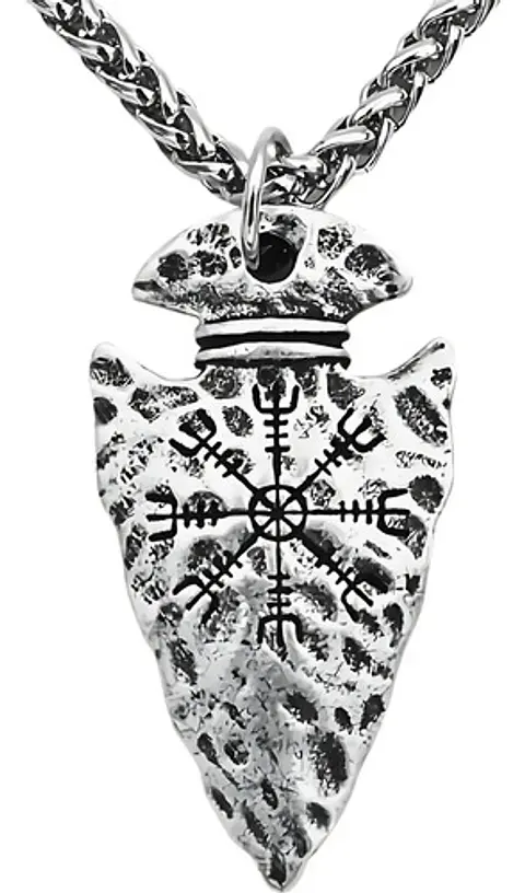 Collar Color Plata Flecha Punta Lanza Vegvisir Acero Hombre