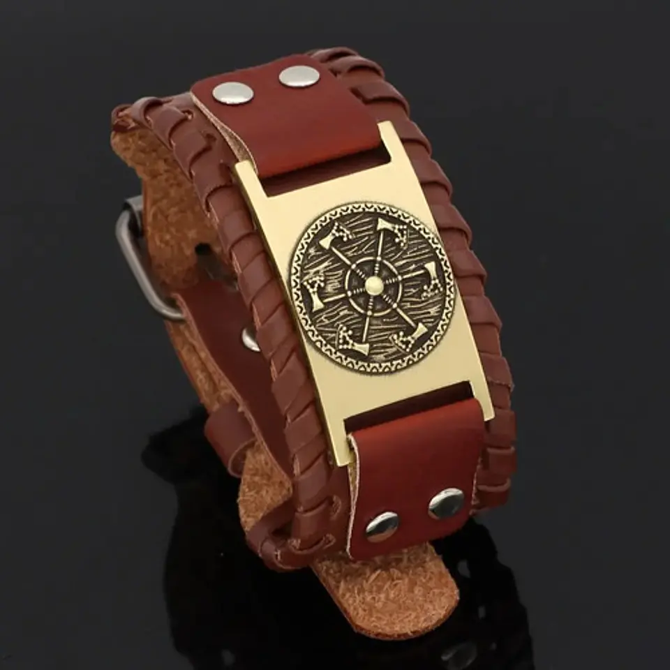 Pulsera Brazalete Cuero Amuleto Hachas Odin Vikingo Hombre 3