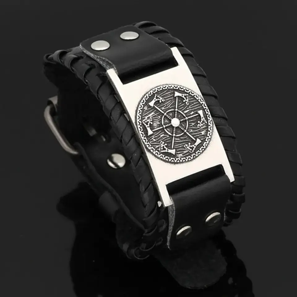 Pulsera Brazalete Cuero Amuleto Hachas Odin Vikingo Hombre 7