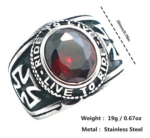 Anillo Cruz Color Plata Acero Inoxidable Piedra Roja Hombre