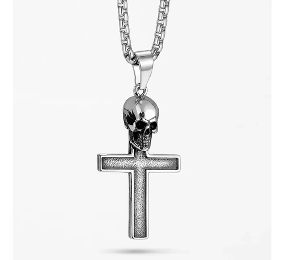 Collar Color Plata Dije Calavera Craneo Gotico Acero Hombre 1