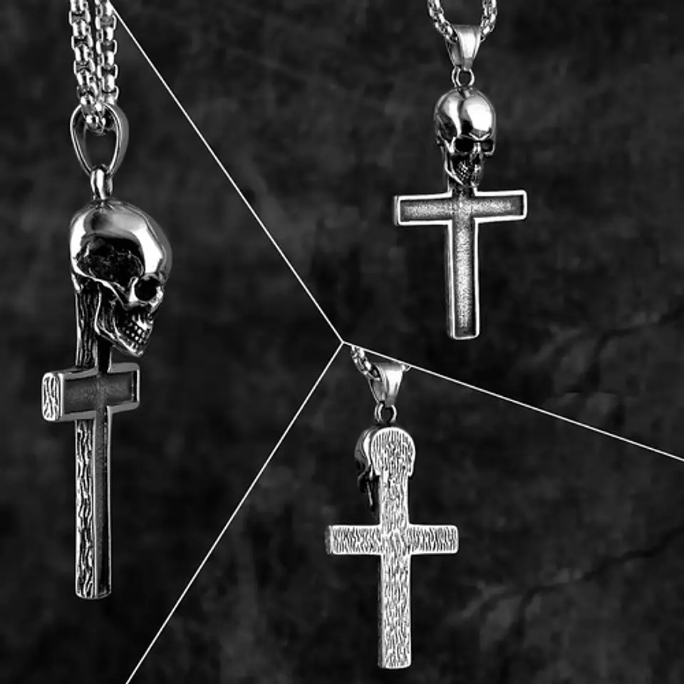 Collar Color Plata Dije Calavera Craneo Gotico Acero Hombre 7
