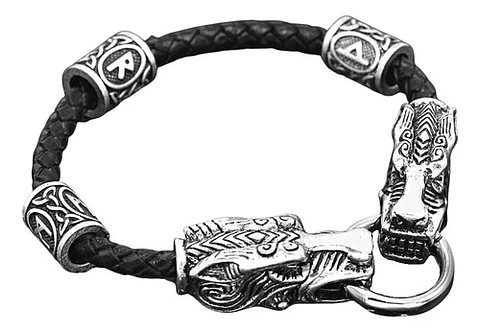 Pulsera Brazalete Cuero Nórdico Vikingo Color Plata Hombre