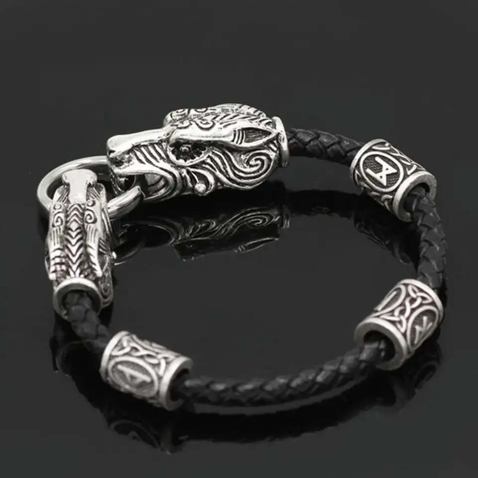 Pulsera Brazalete Cuero Nórdico Vikingo Color Plata Hombre 2
