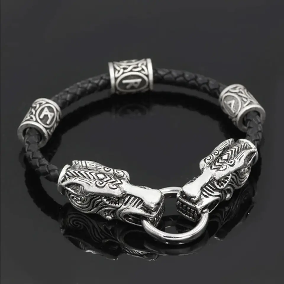 Pulsera Brazalete Cuero Nórdico Vikingo Color Plata Hombre 3