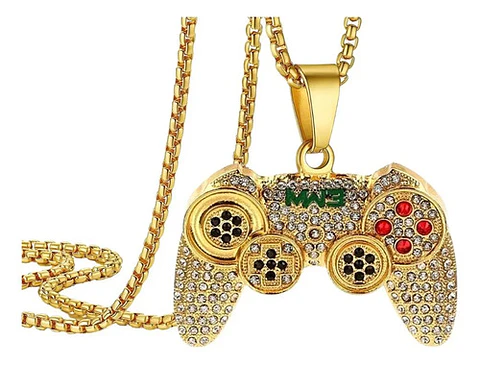 Collar Color Oro Acero Hip Hop Control Mando Piedras Hombre