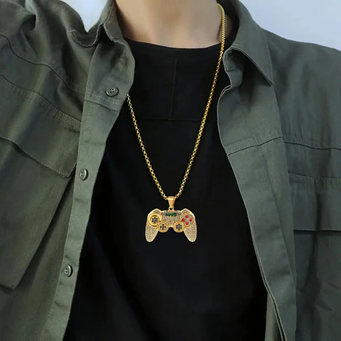 Collar Color Oro Acero Hip Hop Control Mando Piedras Hombre