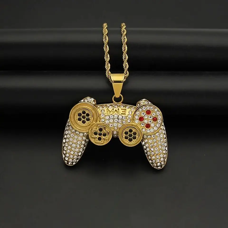 Collar Color Oro Acero Hip Hop Control Mando Piedras Hombre 5