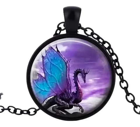Collar Dije Cristal Dragón Alas Purpura Azul Hombre Mujer   