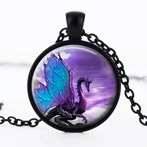 Collar Dije Cristal Dragón Alas Purpura Azul Hombre Mujer   