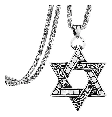 Collar Color Plata Dije Estrella De David Acero Para Hombre