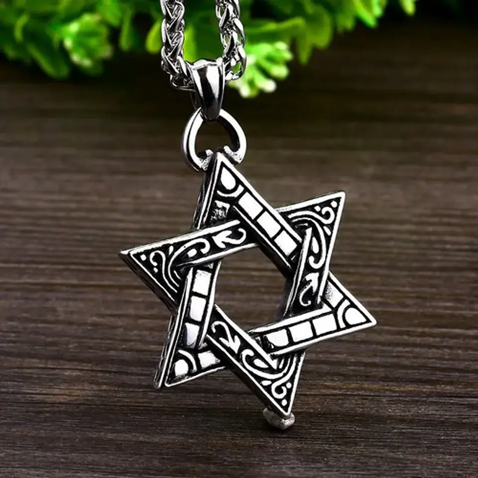 Collar Color Plata Dije Estrella De David Acero Para Hombre 5