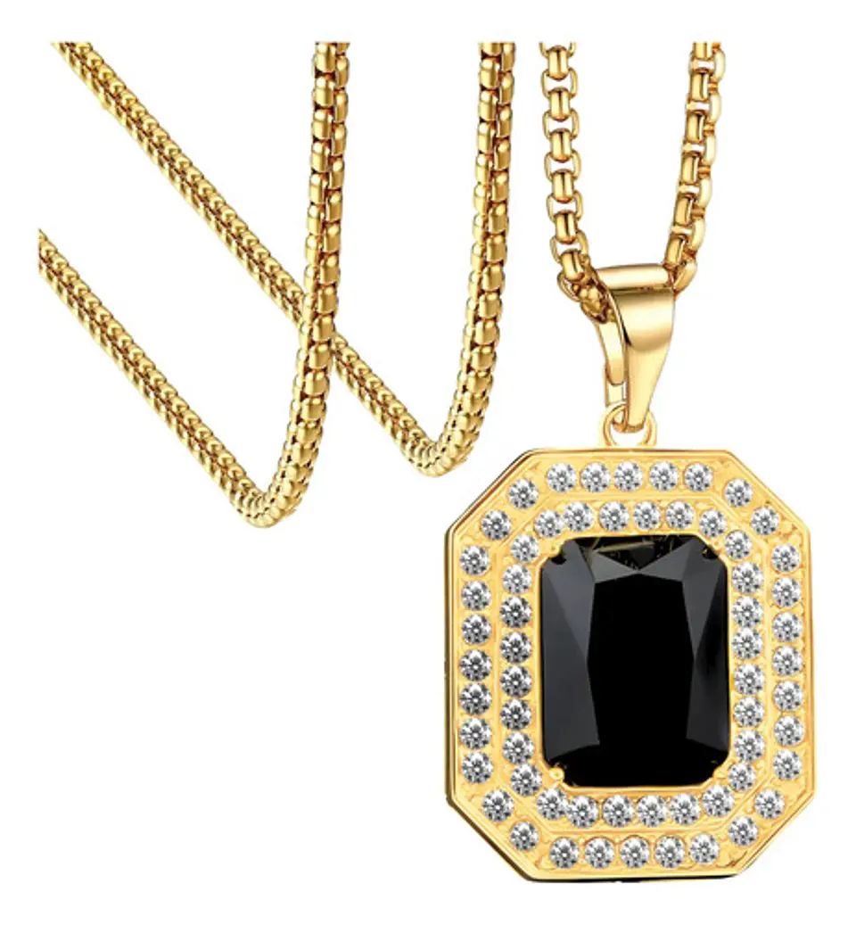 Collar Color Oro De Acero Hip Hop Urbano Piedra Negra Hombre 1