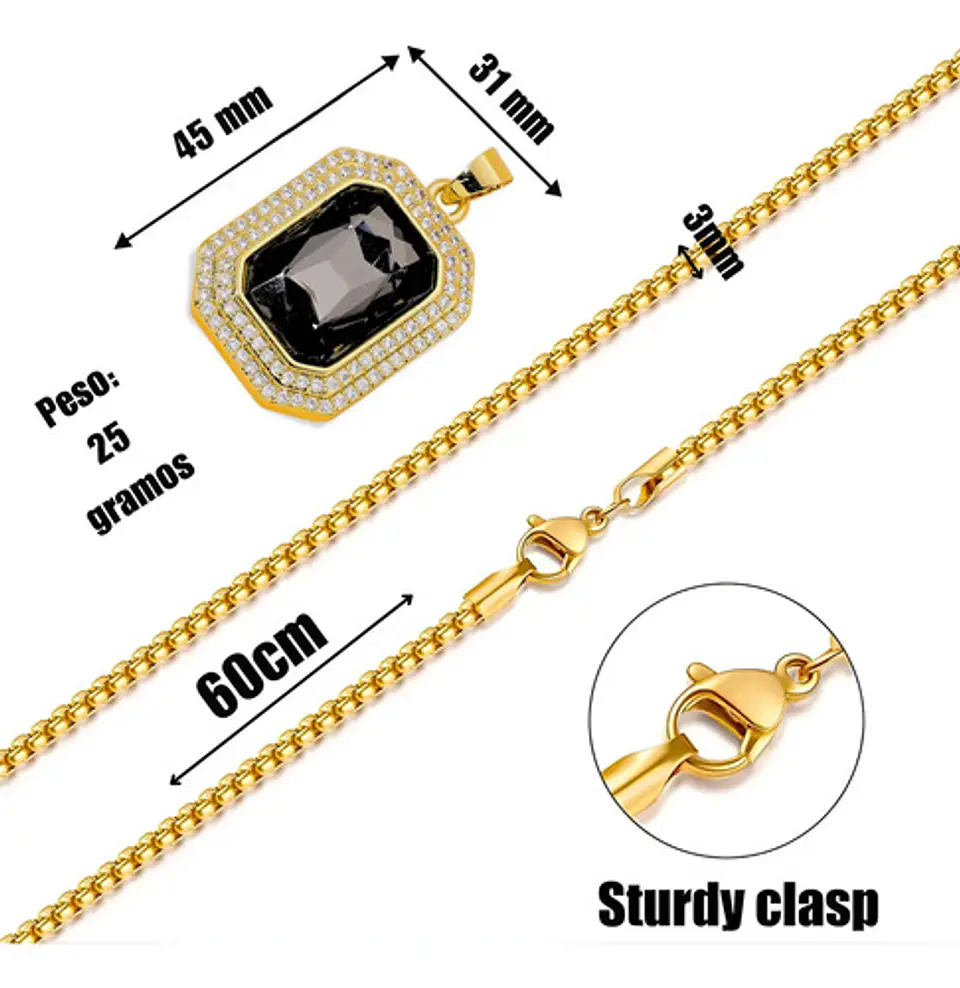 Collar Color Oro De Acero Hip Hop Urbano Piedra Negra Hombre 2