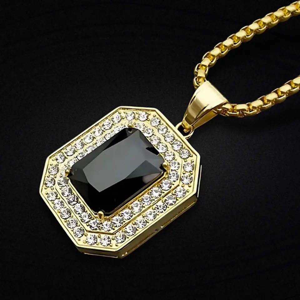 Collar Color Oro De Acero Hip Hop Urbano Piedra Negra Hombre 4