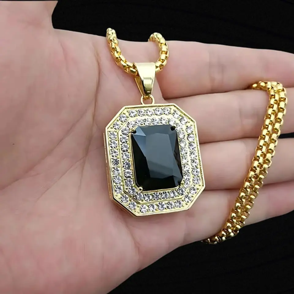 Collar Color Oro De Acero Hip Hop Urbano Piedra Negra Hombre 8