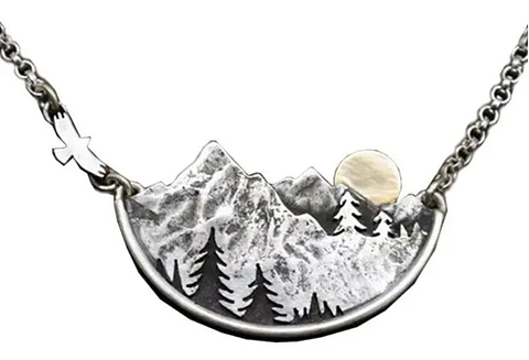 Collar Dije Paisaje Montaña Arboles Color Plata Para Mujer