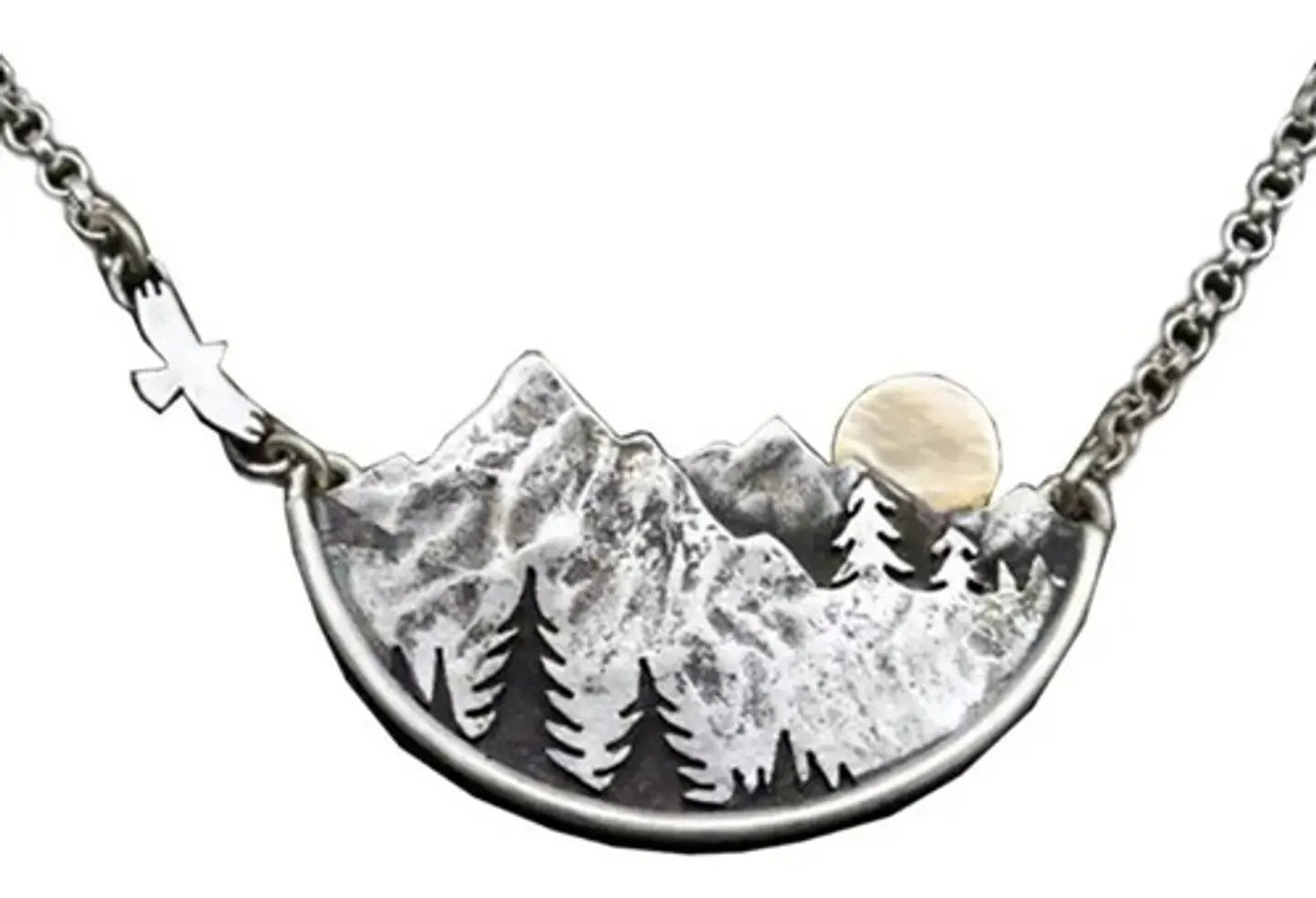 Collar Dije Paisaje Montaña Arboles Color Plata Para Mujer 1