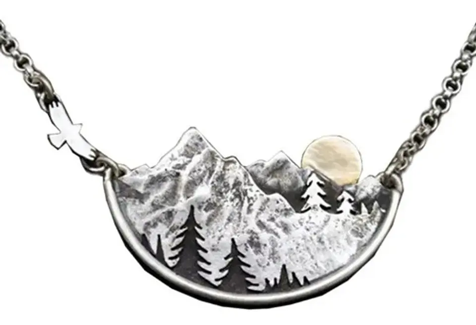 Collar Dije Paisaje Montaña Arboles Color Plata Para Mujer 1