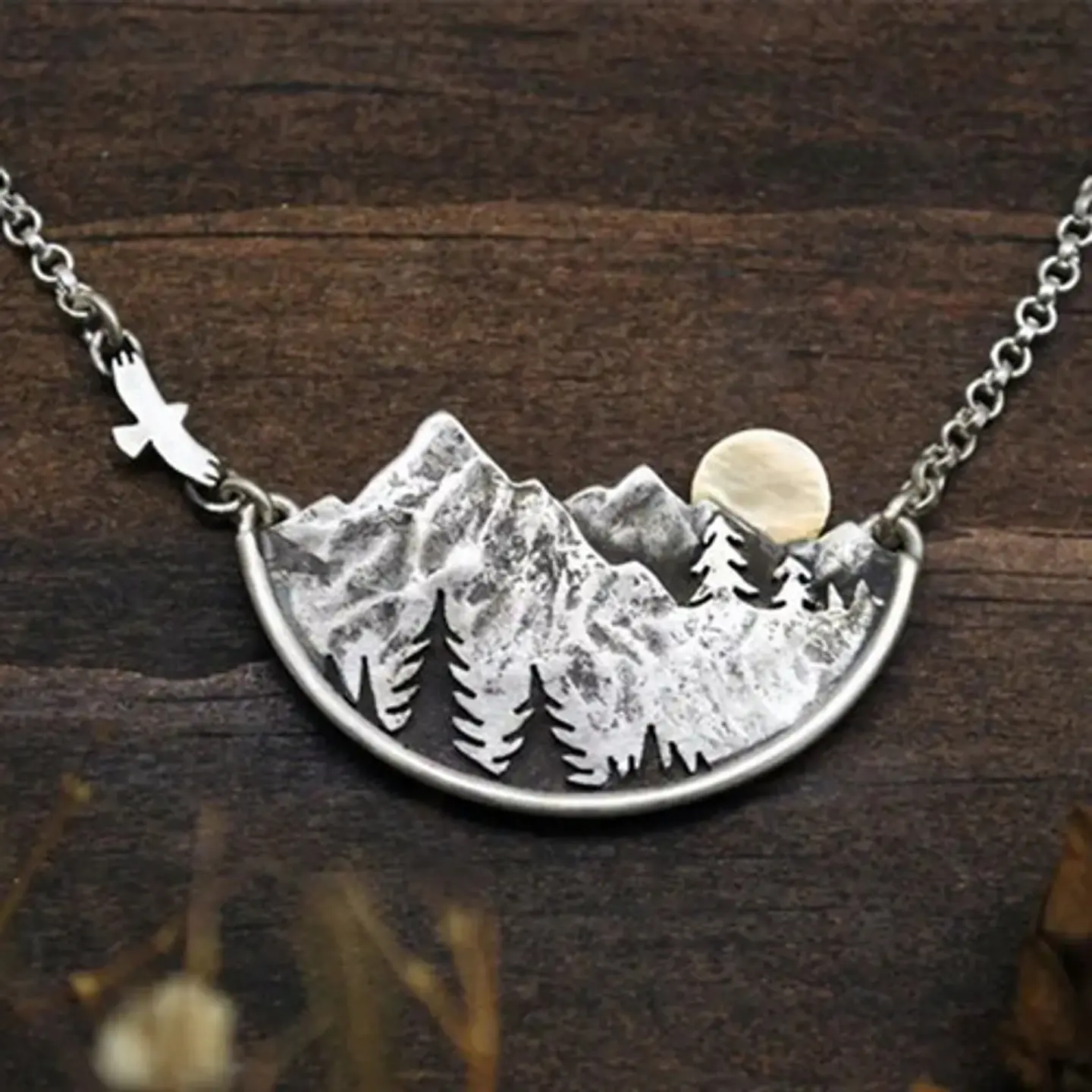 Collar Dije Paisaje Montaña Arboles Color Plata Para Mujer 4