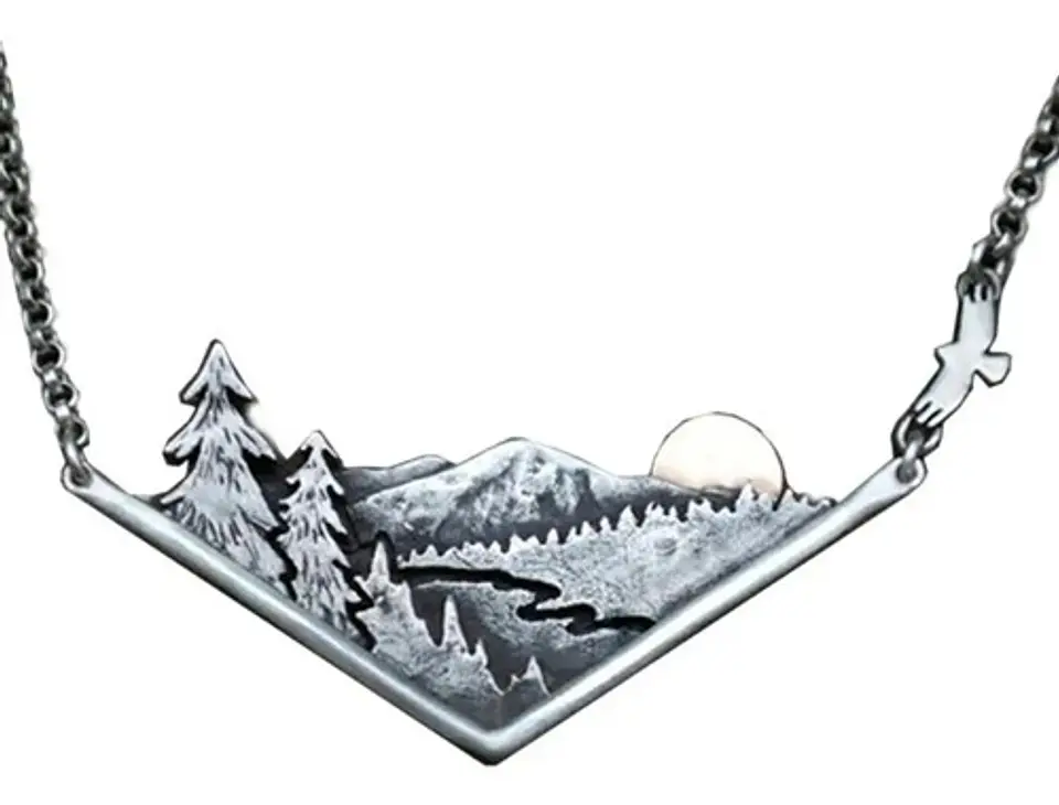 Collar Dije Paisaje Montaña Arboles Color Plata Para Mujer 5