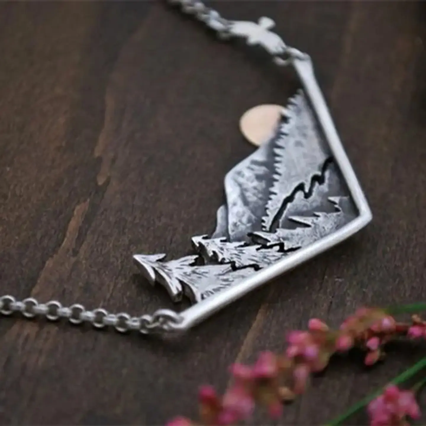 Collar Dije Paisaje Montaña Arboles Color Plata Para Mujer 6
