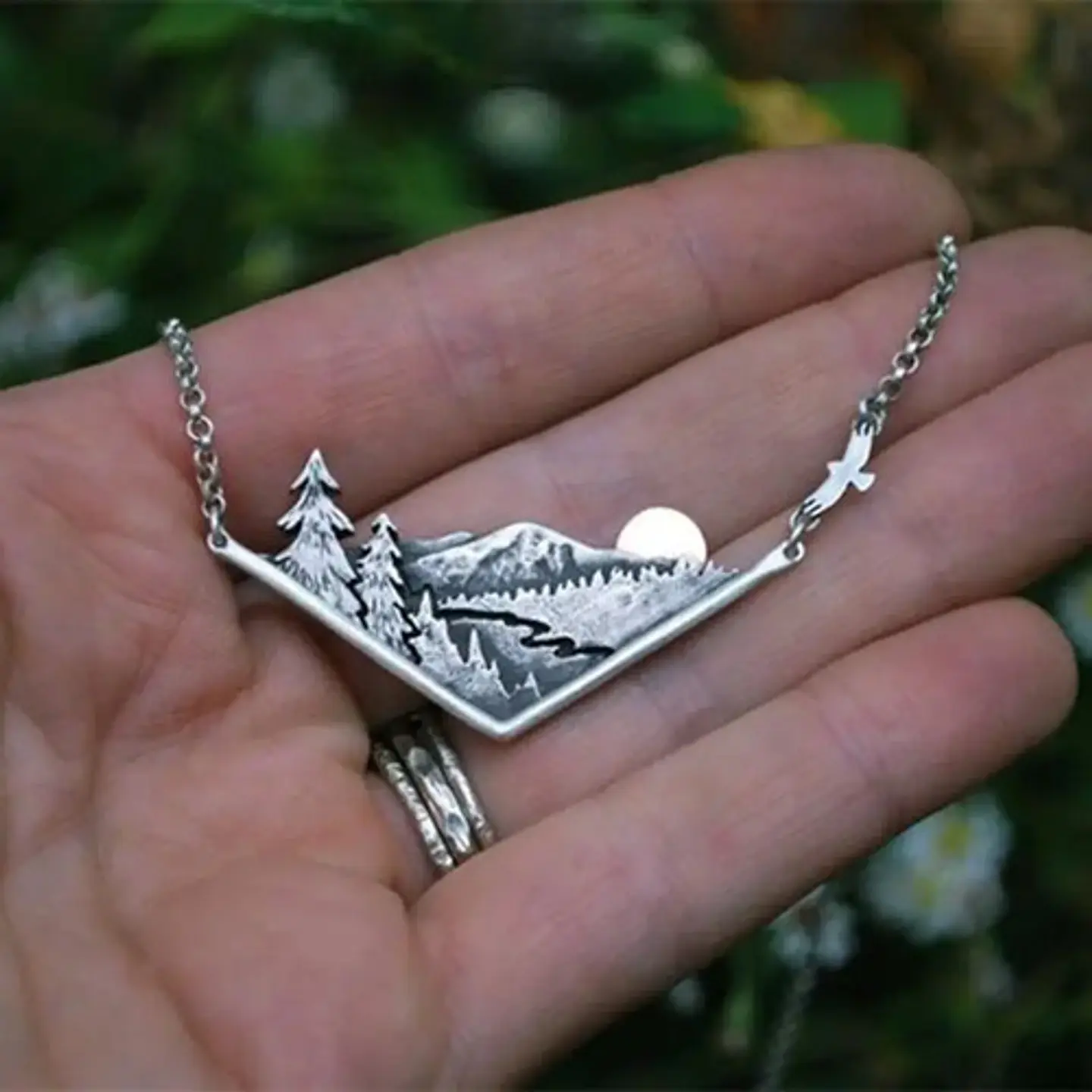 Collar Dije Paisaje Montaña Arboles Color Plata Para Mujer 7
