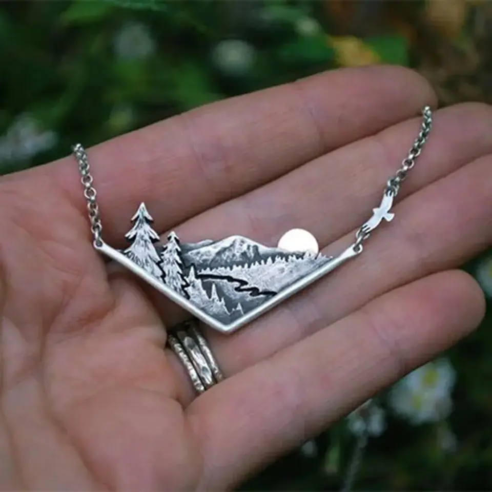 Collar Dije Paisaje Montaña Arboles Color Plata Para Mujer 7