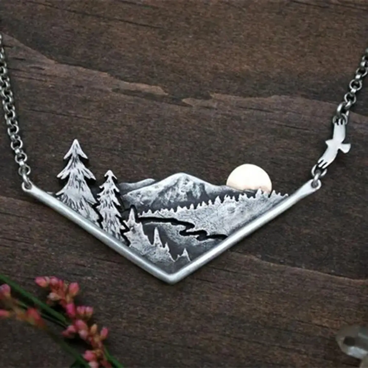 Collar Dije Paisaje Montaña Arboles Color Plata Para Mujer 8