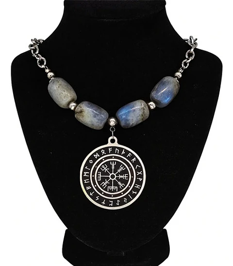 Collar Color Plata Piedra Natural Labradorita Vikingo Mujer