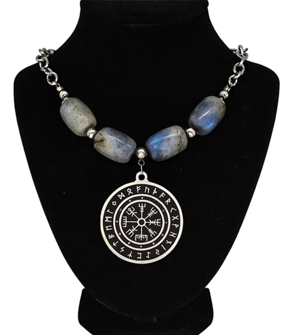 Collar Color Plata Piedra Natural Labradorita Vikingo Mujer 1