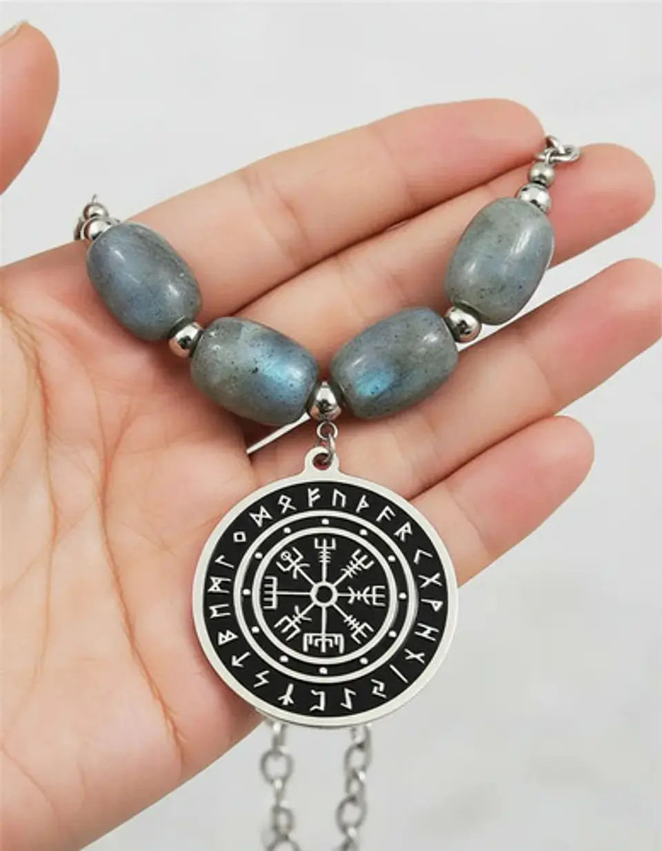 Collar Color Plata Piedra Natural Labradorita Vikingo Mujer 4
