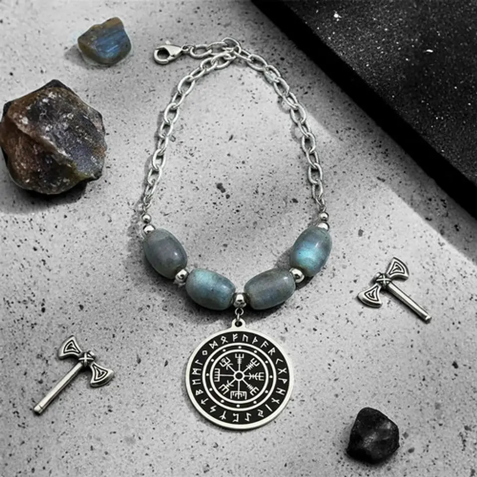 Collar Color Plata Piedra Natural Labradorita Vikingo Mujer 5