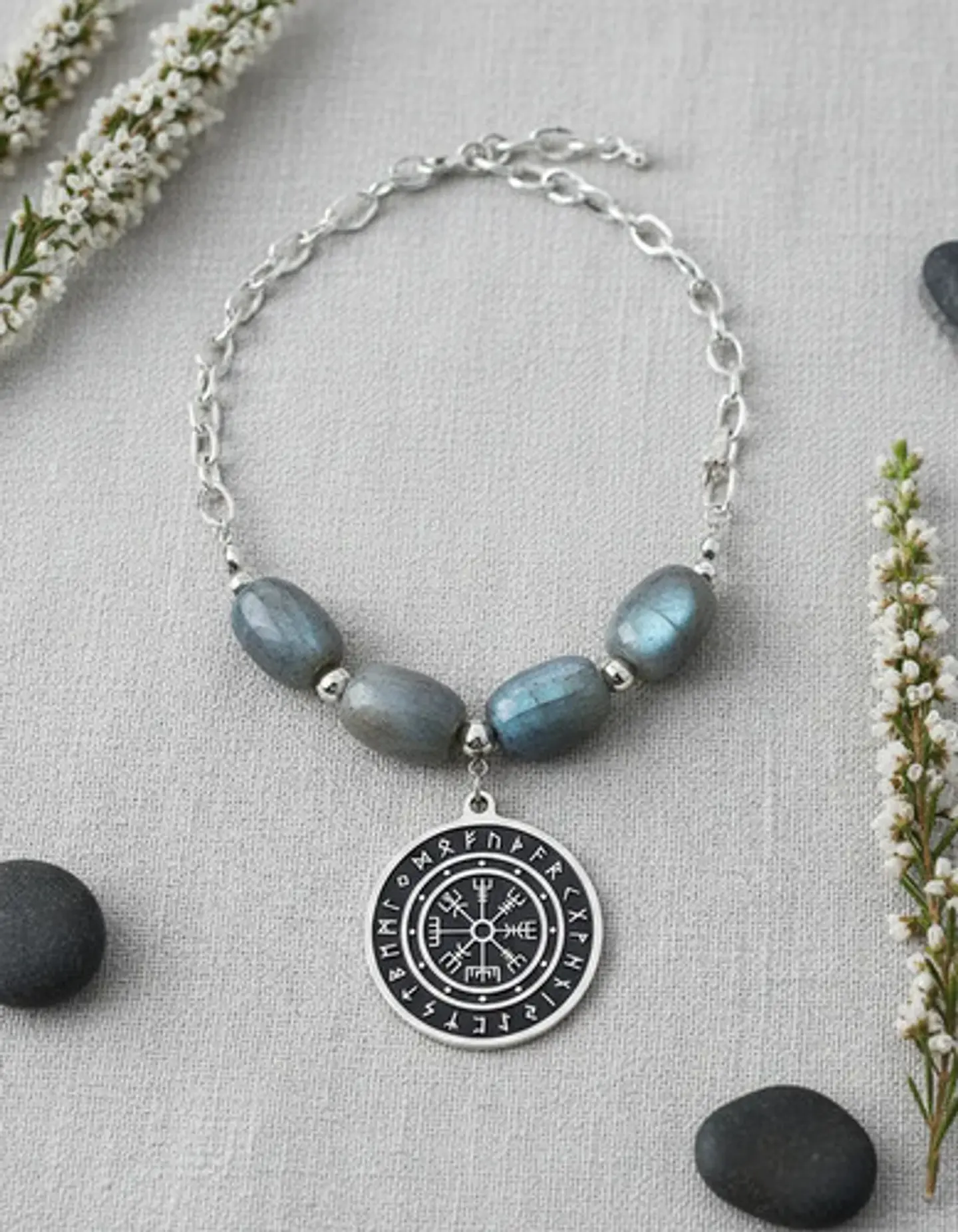 Collar Color Plata Piedra Natural Labradorita Vikingo Mujer 8