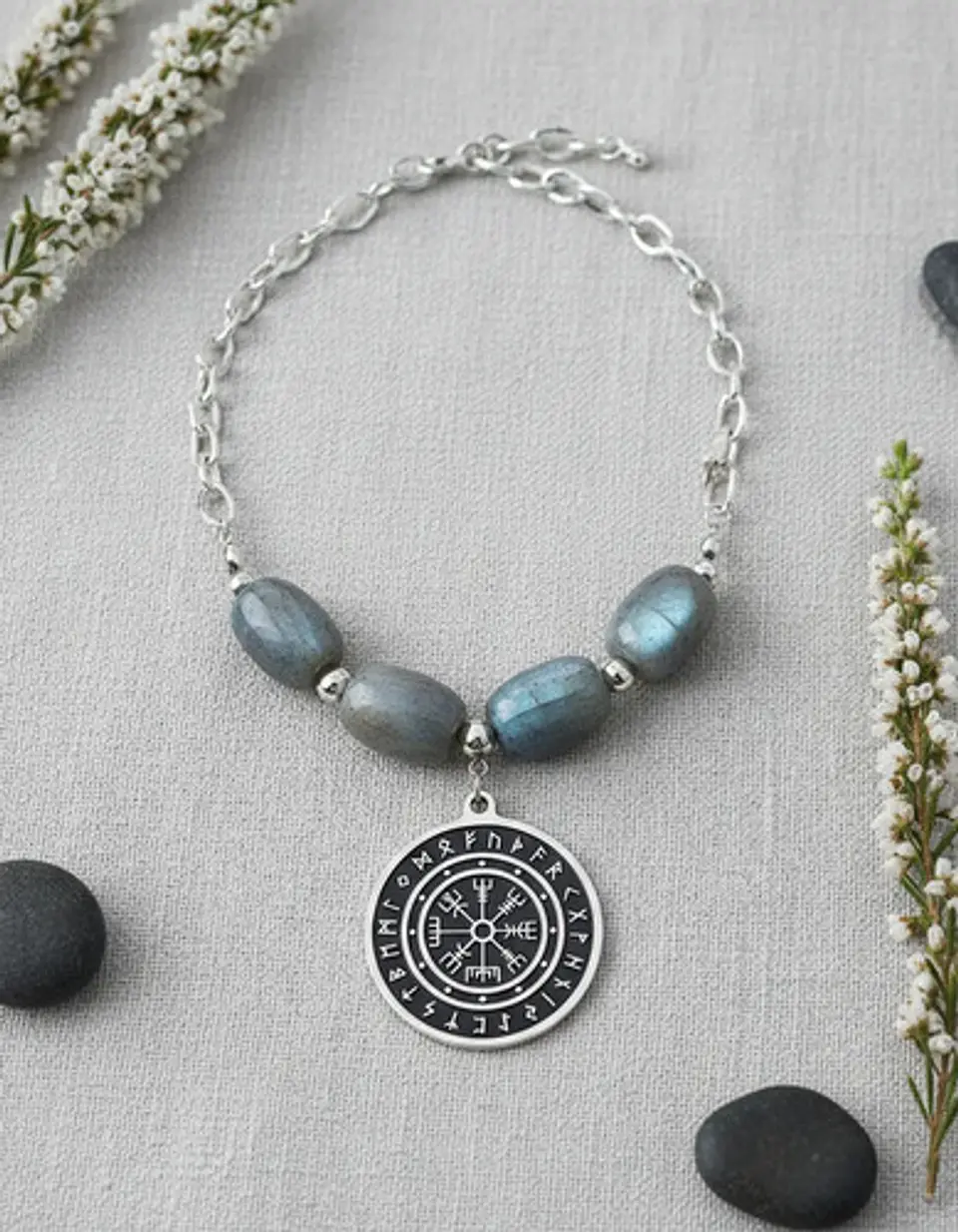 Collar Color Plata Piedra Natural Labradorita Vikingo Mujer 8