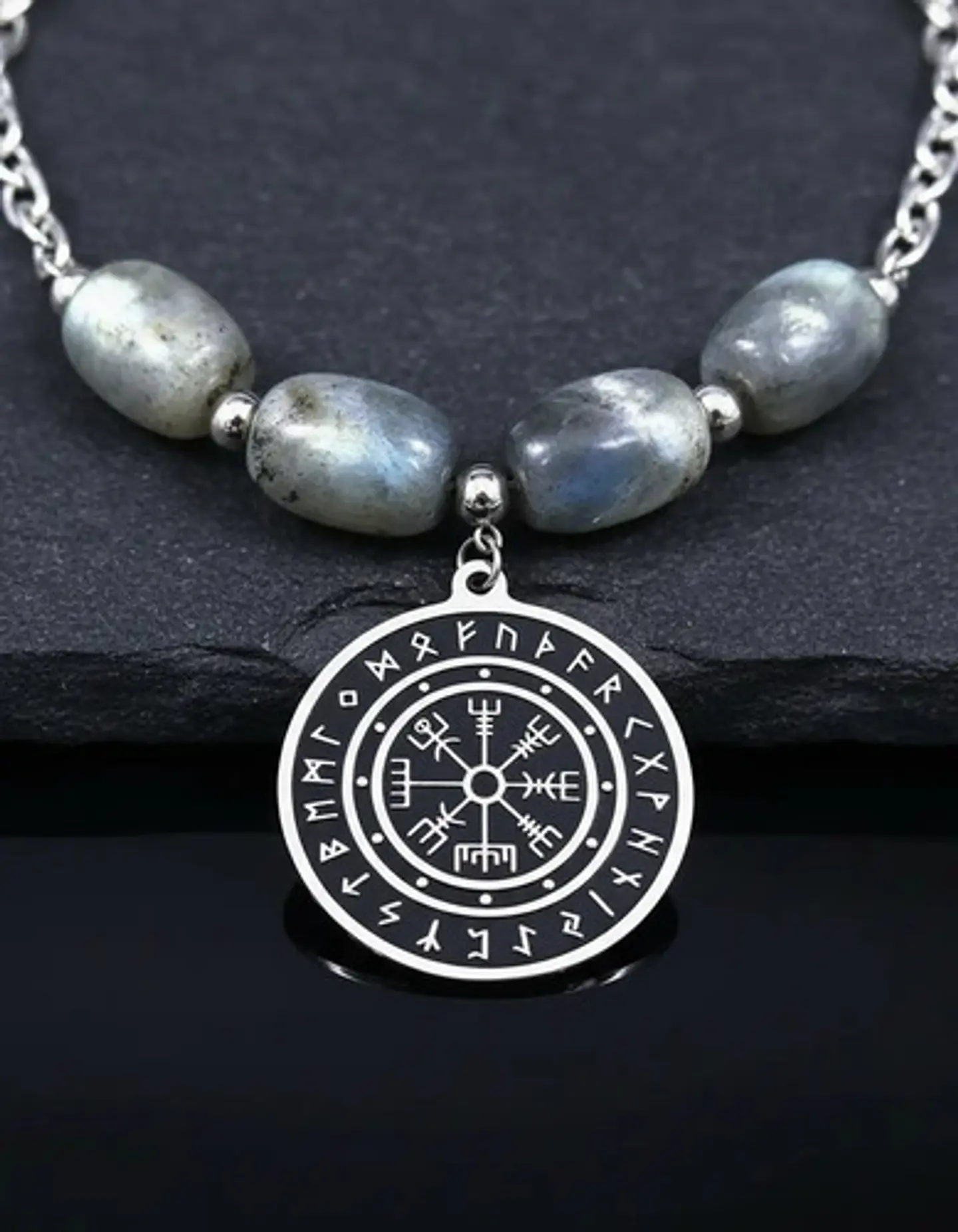 Collar Color Plata Piedra Natural Labradorita Vikingo Mujer 9