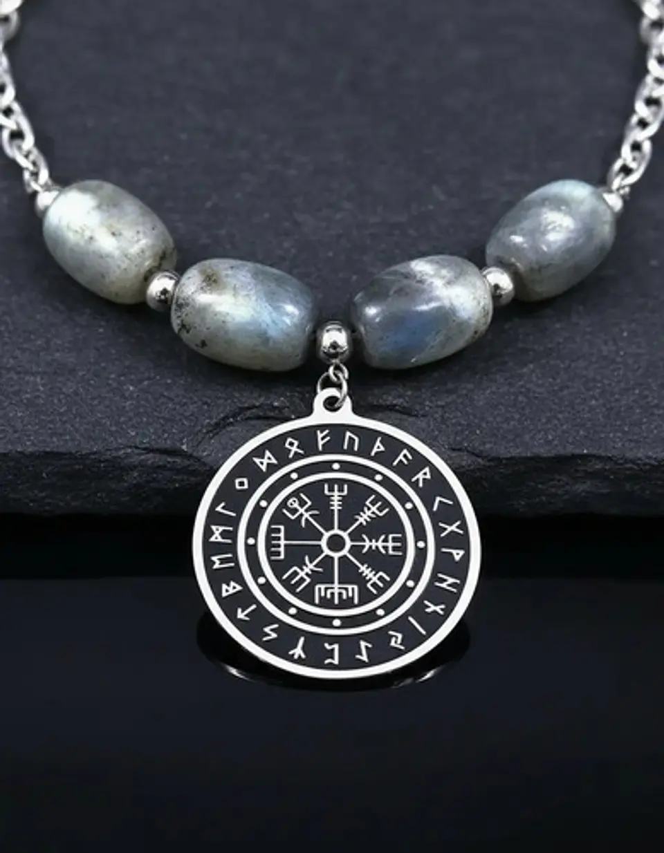 Collar Color Plata Piedra Natural Labradorita Vikingo Mujer 9