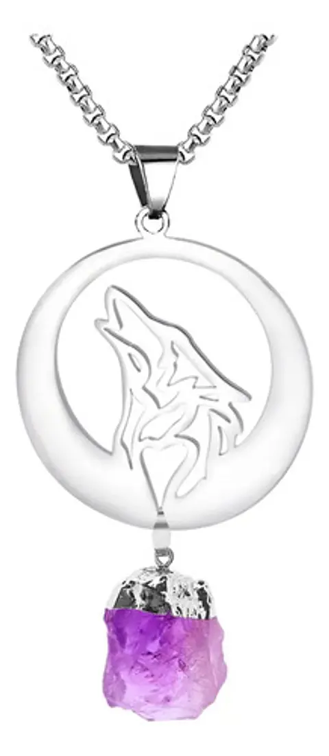 Collar Capas Acero Piedra Natural Amatista Lobo Color Plata