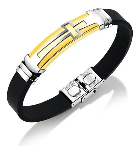 Pulsera Brazalete Color Oro Placa Cruz De Acero Para Hombre
