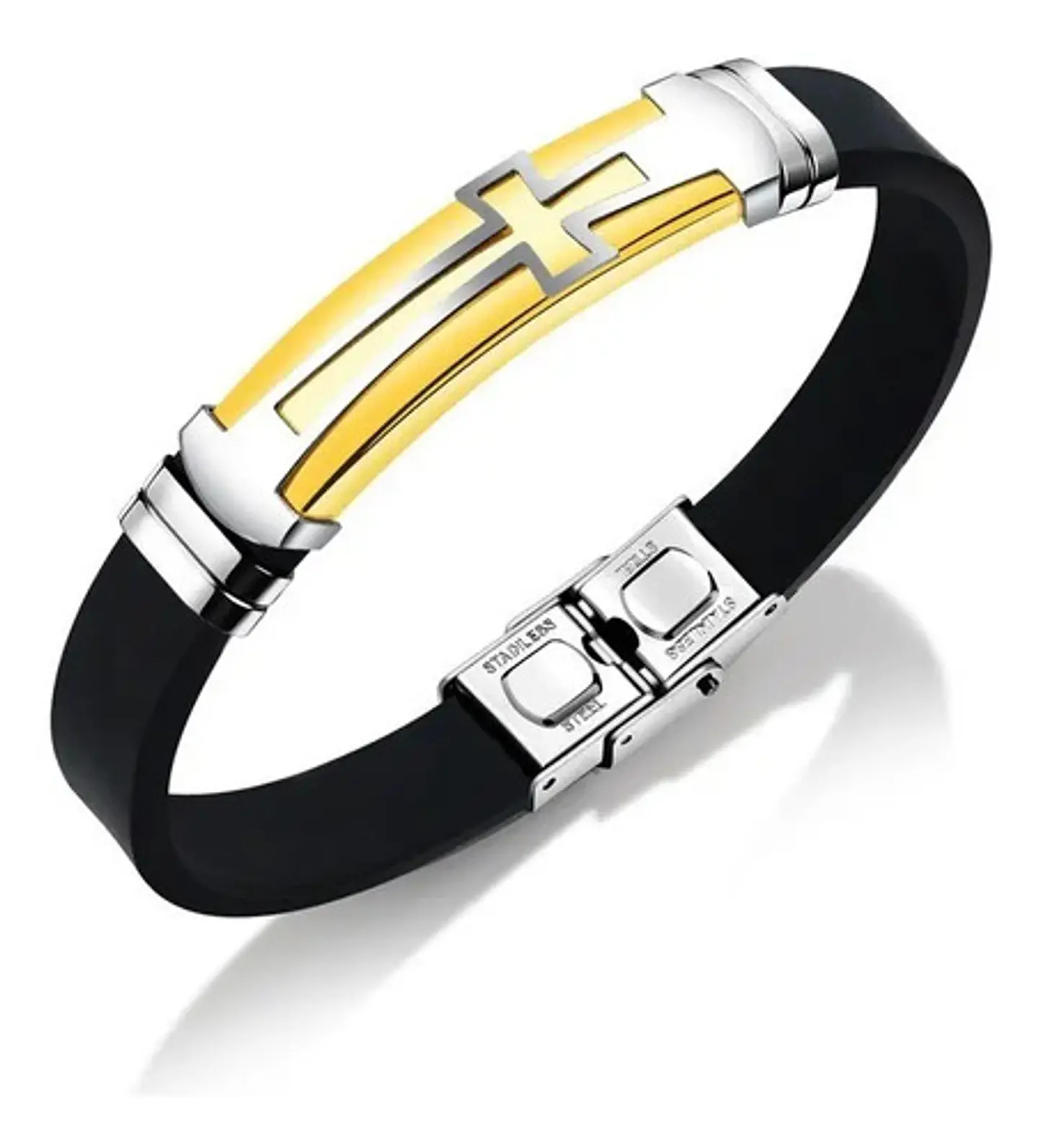 Pulsera Brazalete Color Oro Placa Cruz De Acero Para Hombre 1