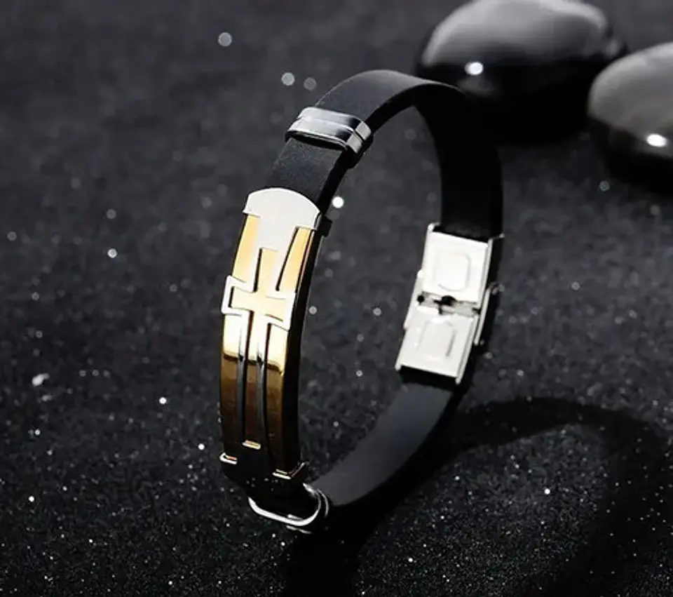 Pulsera Brazalete Color Oro Placa Cruz De Acero Para Hombre 2