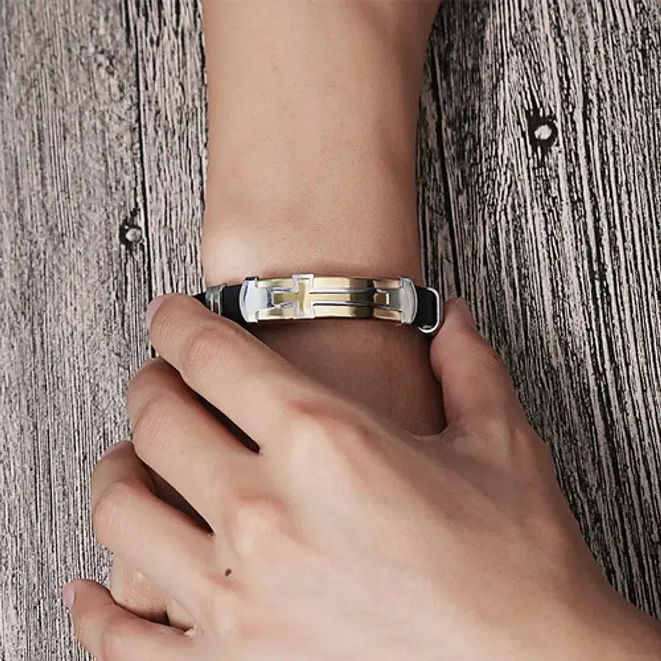 Pulsera Brazalete Color Oro Placa Cruz De Acero Para Hombre 4