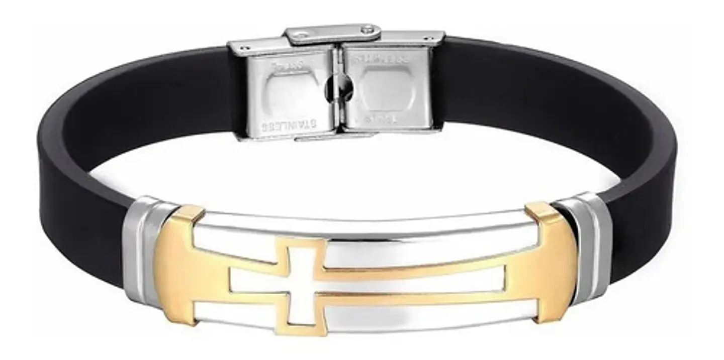 Pulsera Brazalete Color Oro Placa Cruz De Acero Para Hombre 5